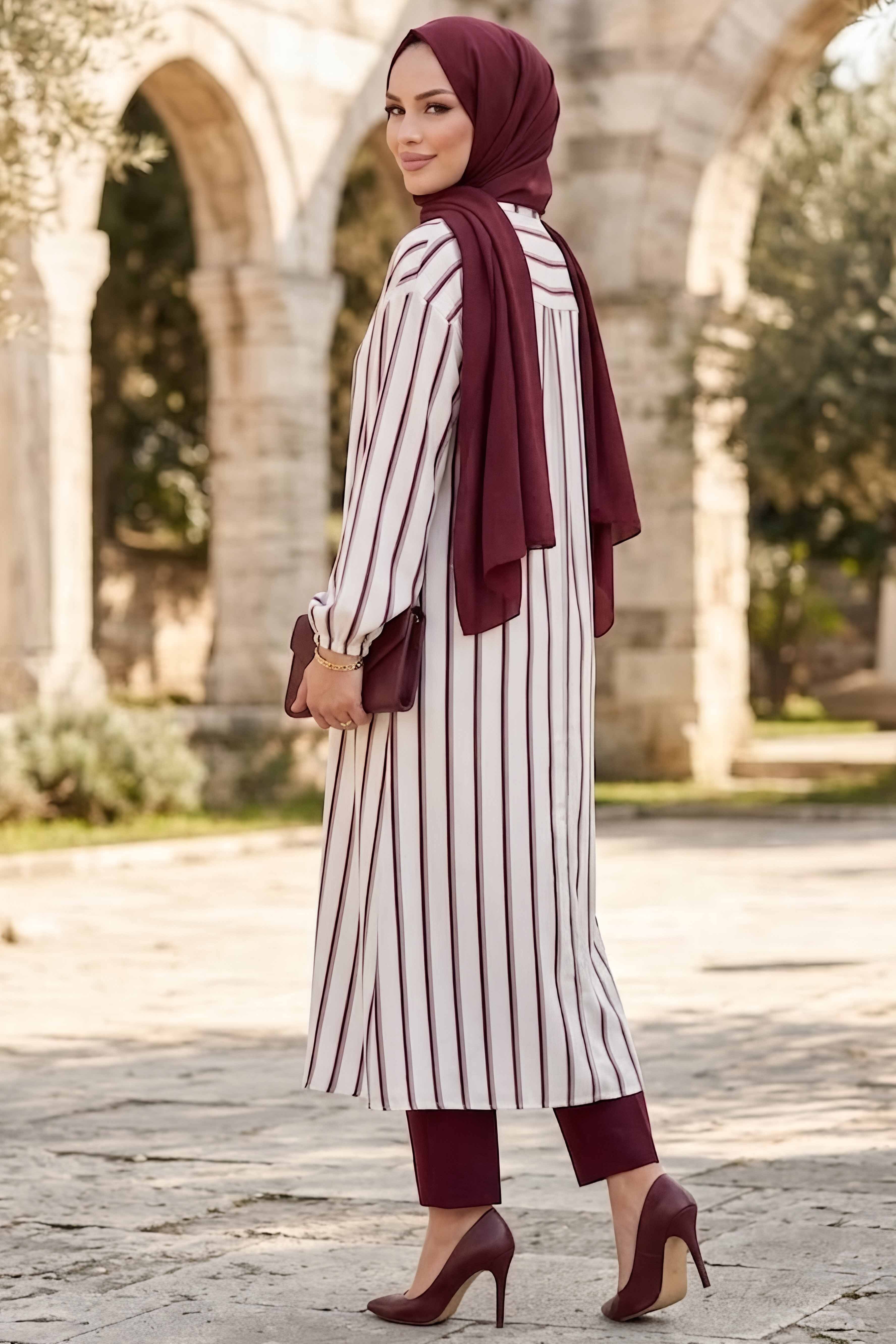 Çizgili Düğmeli Elbise Bordo - 28824-BORDO - 4
