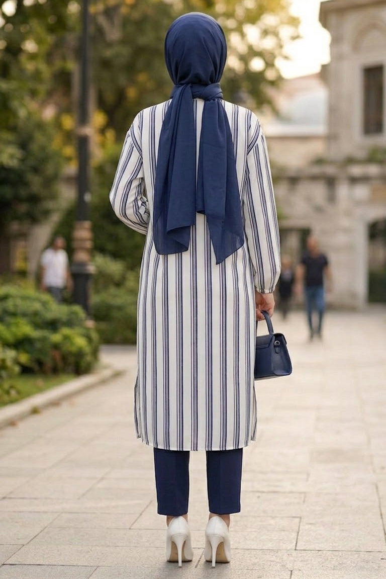 Çizgili Düğmeli Elbise Lacivert - 28824-LACIVERT - 4