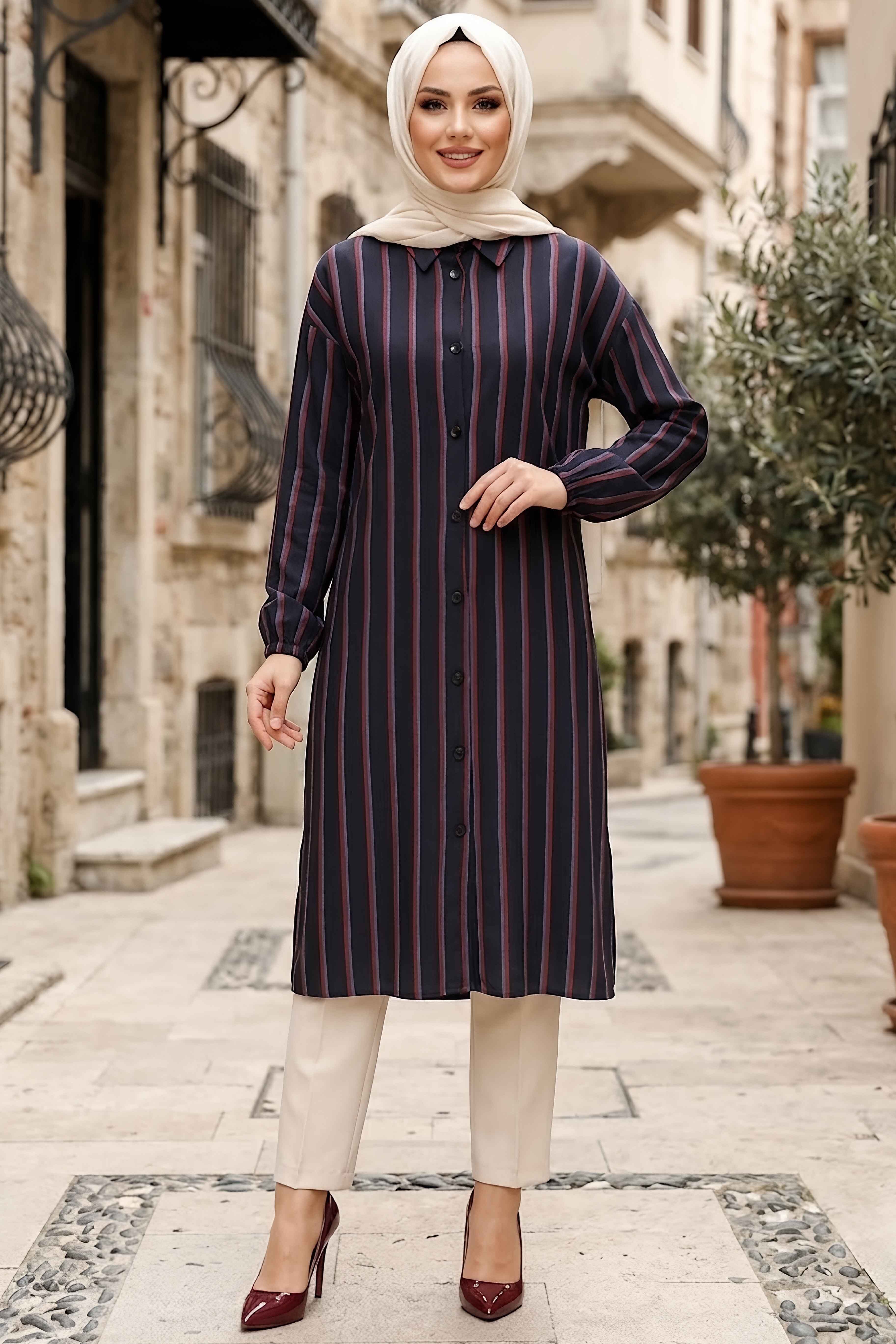 Çizgili Düğmeli Elbise Siyah - 28824-SIYAH - 1