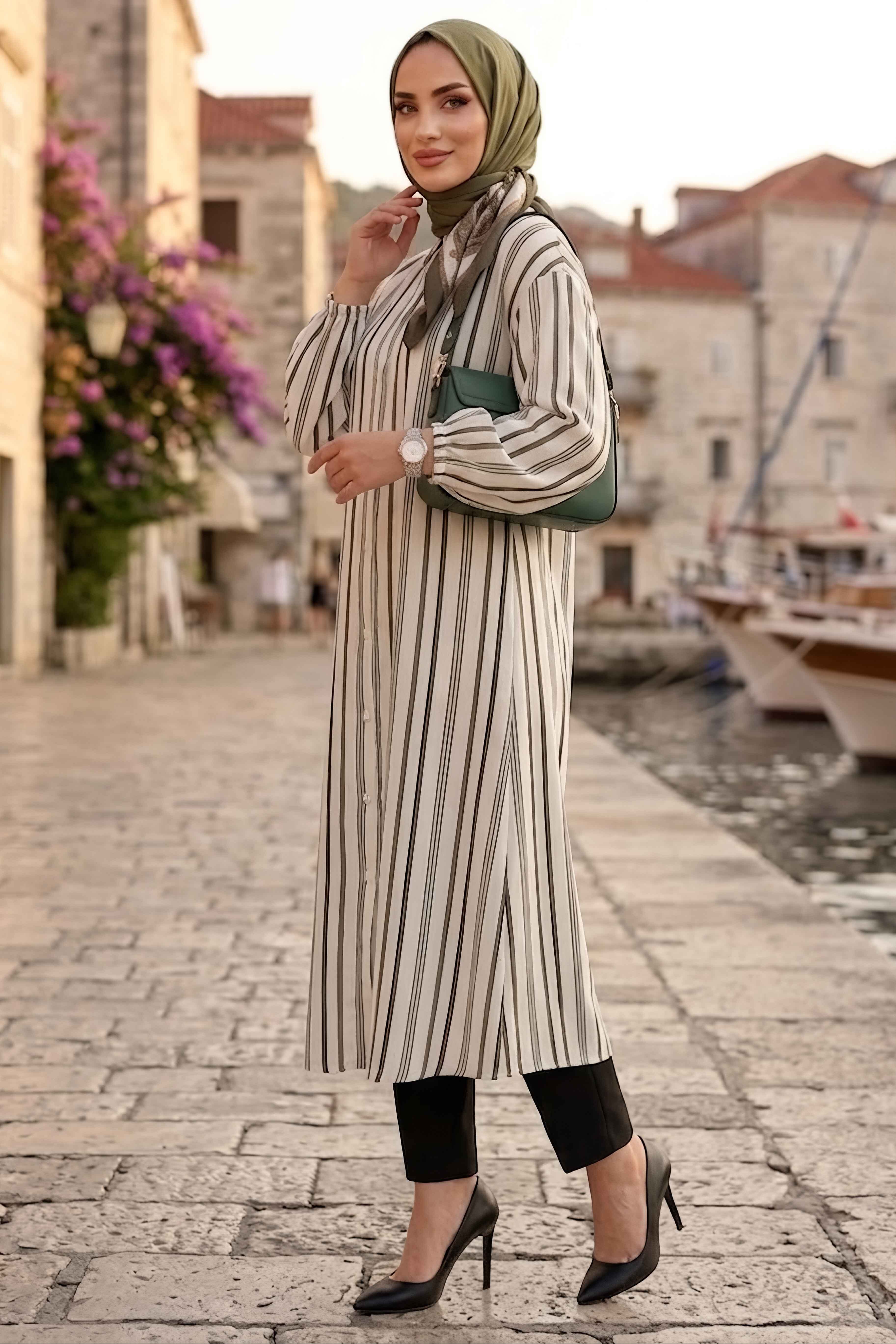 Çizgili Düğmeli Elbise Yesil - 28824-YESIL - 2
