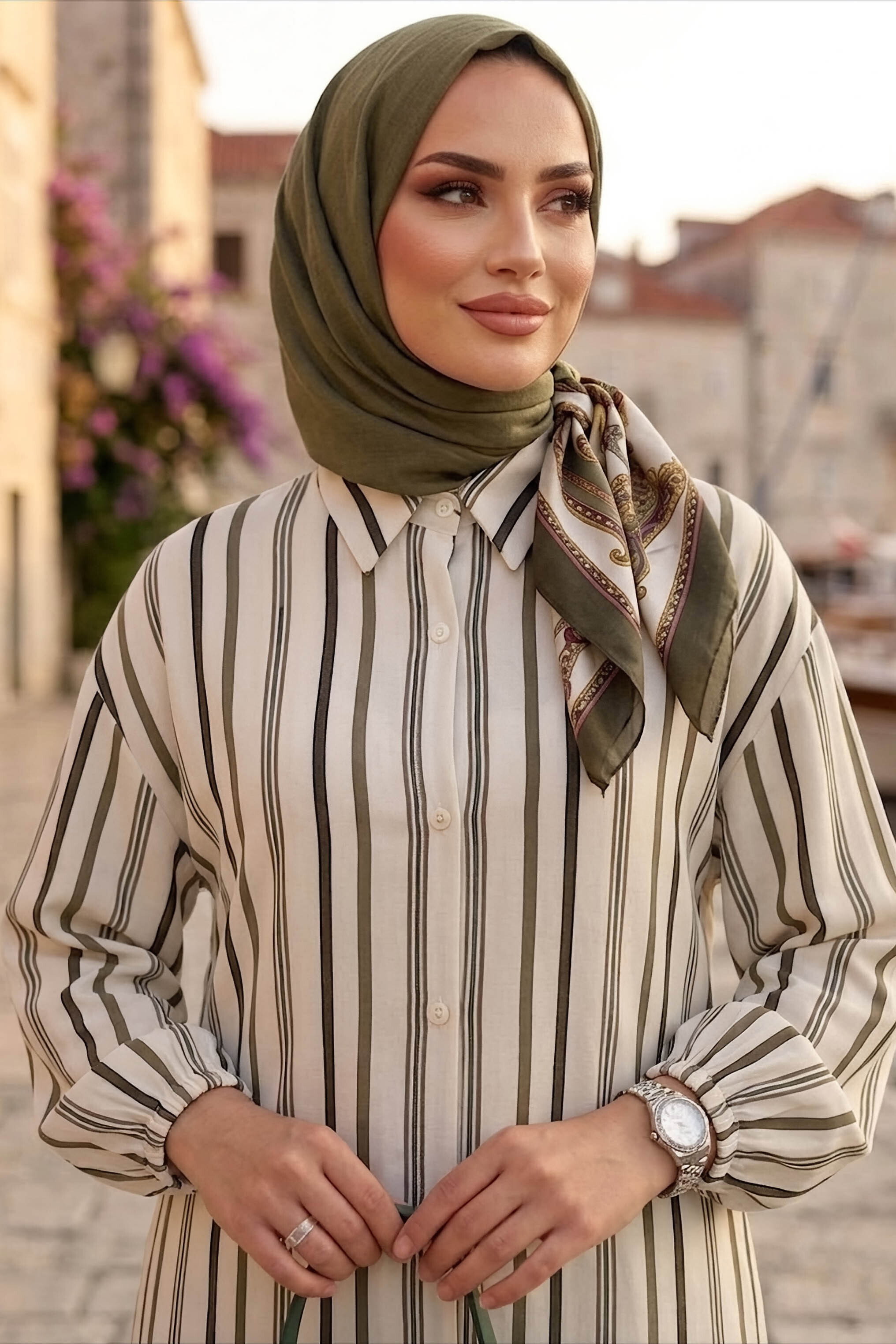 Çizgili Düğmeli Elbise Yesil - 28824-YESIL - 3