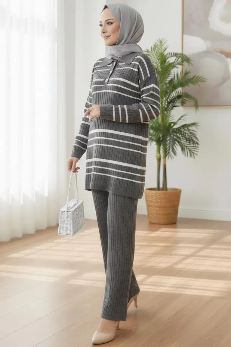Çizgili Düğmeli Triko İkili Takım - 28173-ANTRASIT - TOFİSA