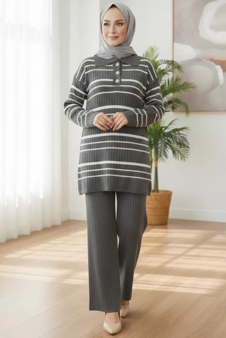 Çizgili Düğmeli Triko İkili Takım - 28173-ANTRASIT - TOFİSA