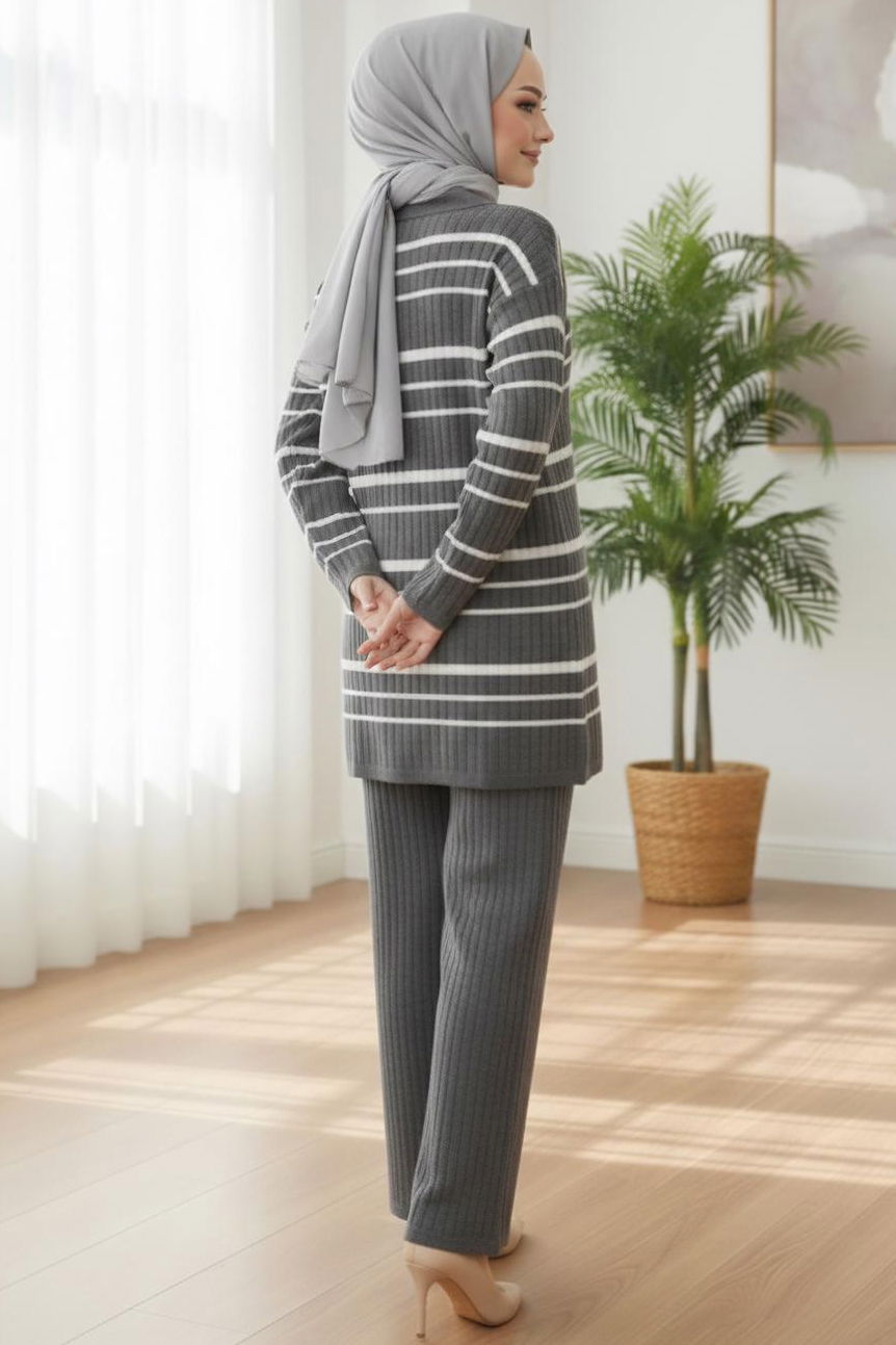 Çizgili Düğmeli Triko İkili Takım - 28173-ANTRASIT - 3
