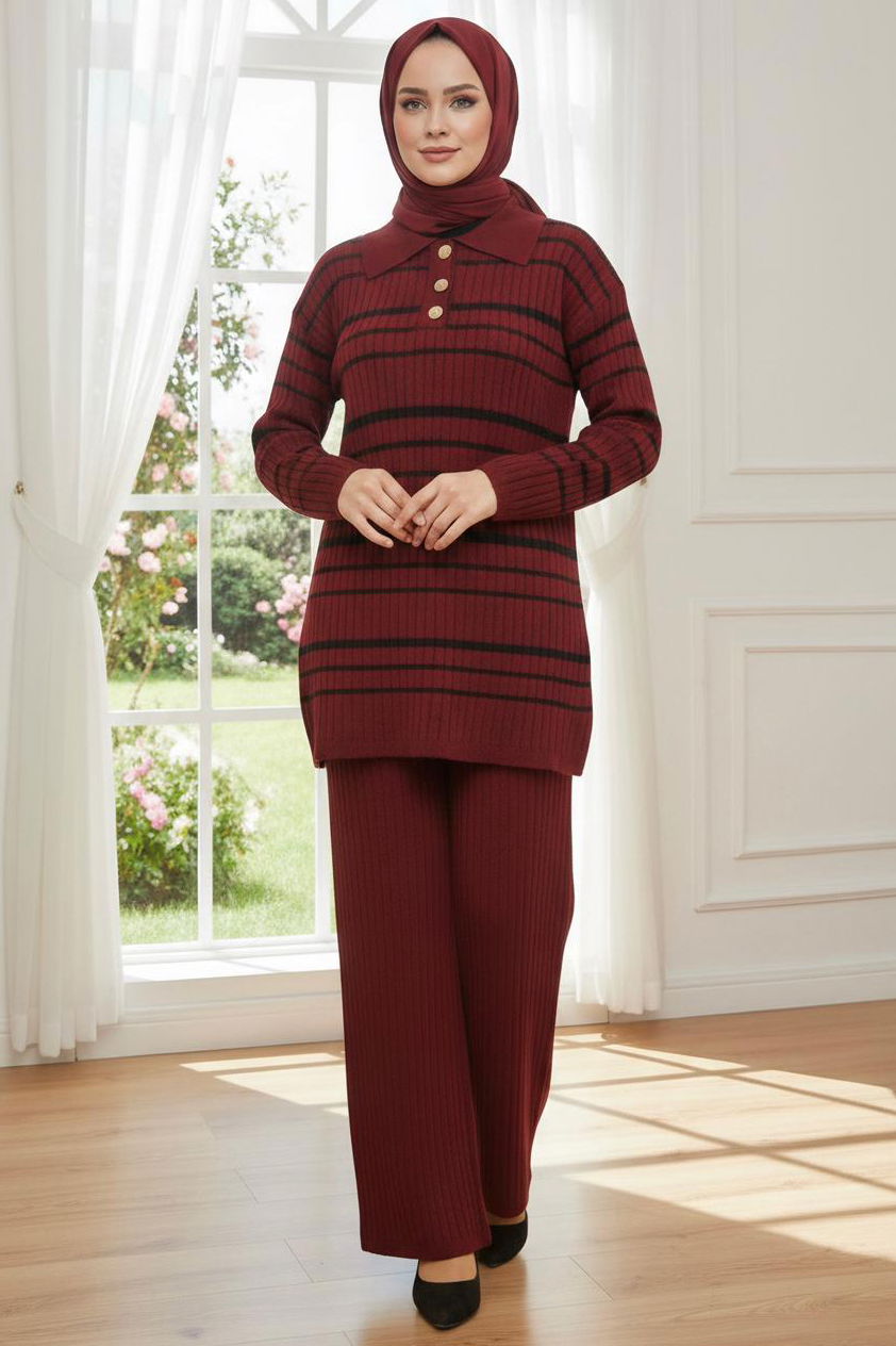 Çizgili Düğmeli Triko İkili Takım - 28173-BORDO - 2