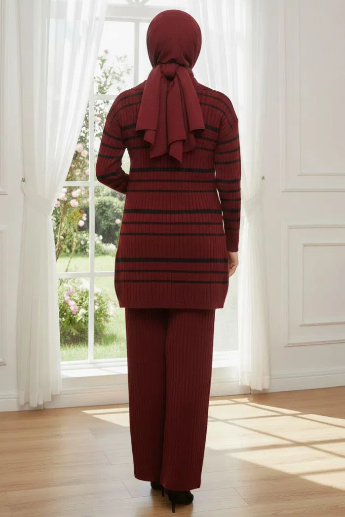 Çizgili Düğmeli Triko İkili Takım - 28173-BORDO - TOFİSA