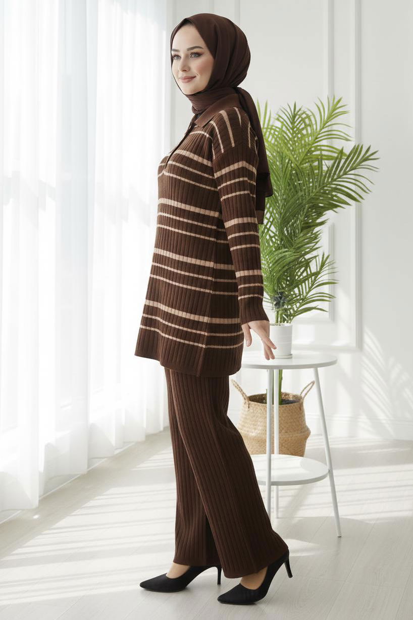 Çizgili Düğmeli Triko İkili Takım - 28173-KAHVE - 2