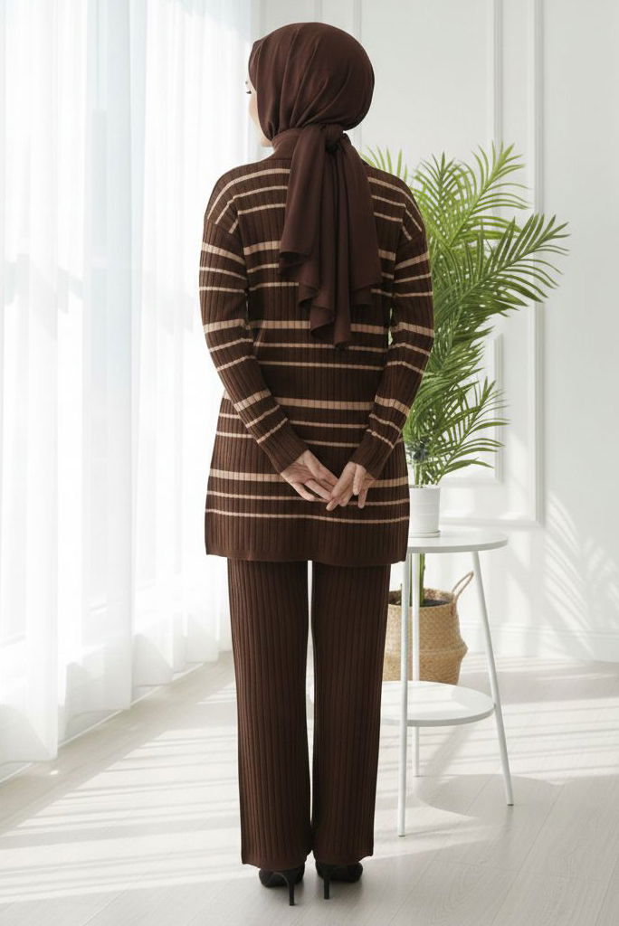 Çizgili Düğmeli Triko İkili Takım - 28173-KAHVE - 3