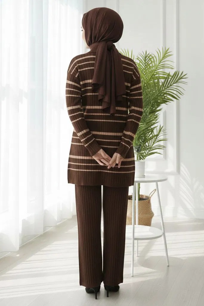 Çizgili Düğmeli Triko İkili Takım - 28173-KAHVE - TOFİSA