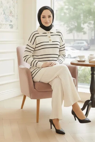 Çizgili Düğmeli Triko İkili Takım - 28173-KREM 