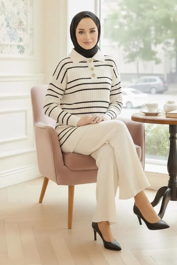 Çizgili Düğmeli Triko İkili Takım - 28173-KREM - TOFİSA