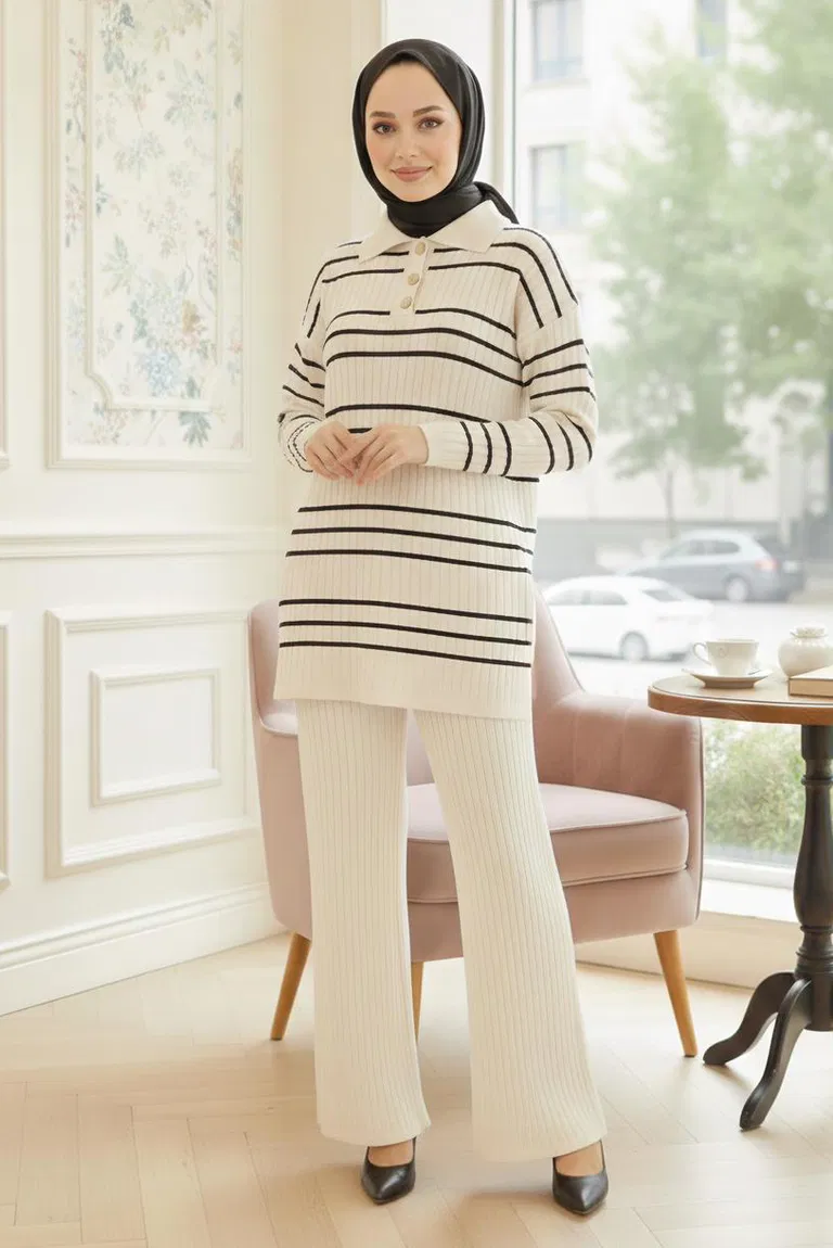 Çizgili Düğmeli Triko İkili Takım - 28173-KREM - TOFİSA