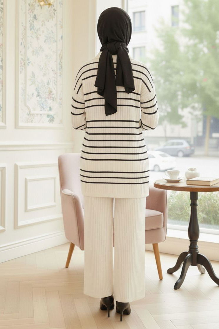 Çizgili Düğmeli Triko İkili Takım - 28173-KREM - 3