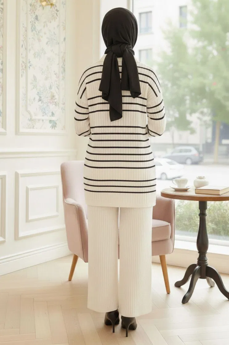 Çizgili Düğmeli Triko İkili Takım - 28173-KREM - TOFİSA