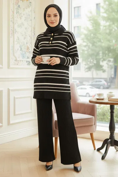 Çizgili Düğmeli Triko İkili Takım - 28173-SIYAH 