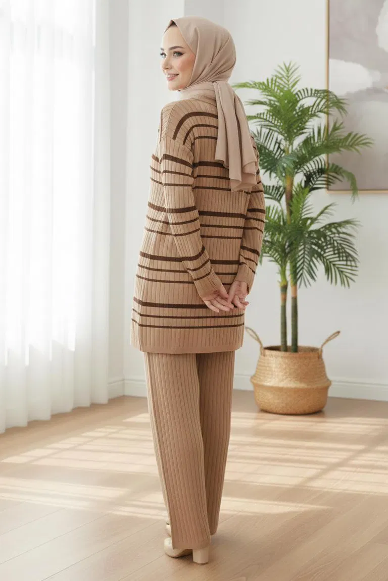 Çizgili Düğmeli Triko İkili Takım - 28173-VIZON - TOFİSA