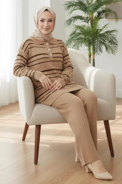 Çizgili Düğmeli Triko İkili Takım - 28173-VIZON 