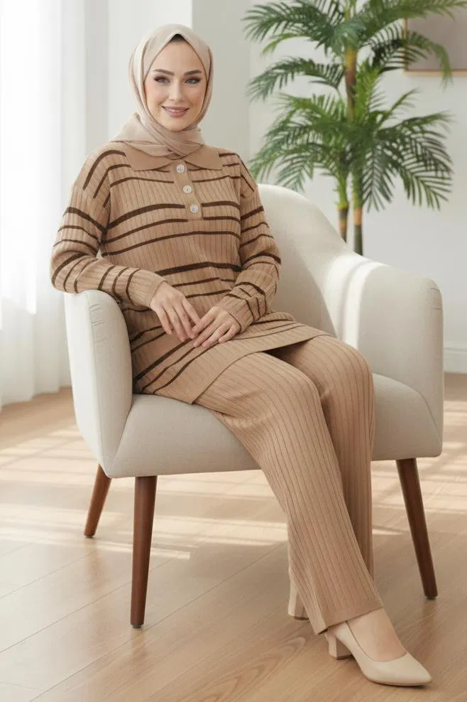 Çizgili Düğmeli Triko İkili Takım - 28173-VIZON - TOFİSA