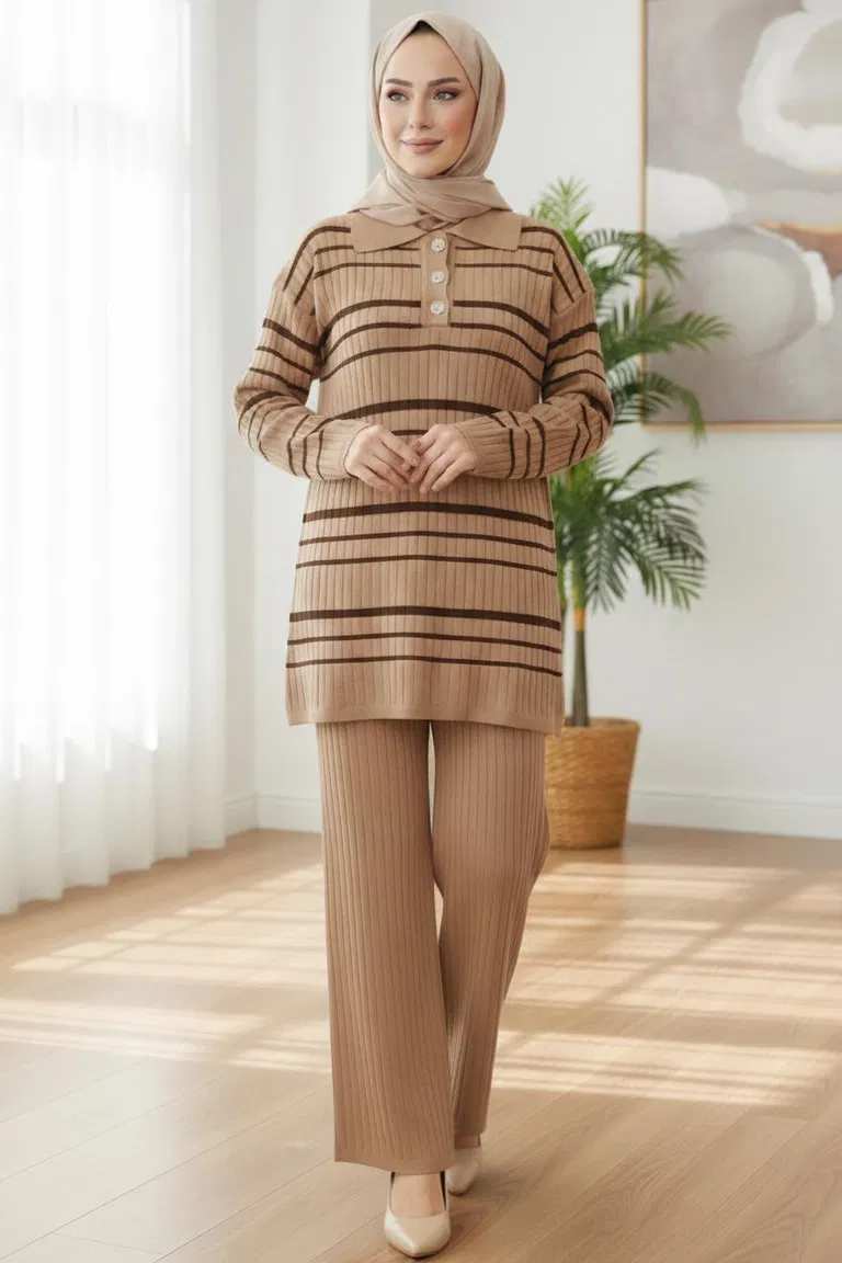 Çizgili Düğmeli Triko İkili Takım - 28173-VIZON - TOFİSA