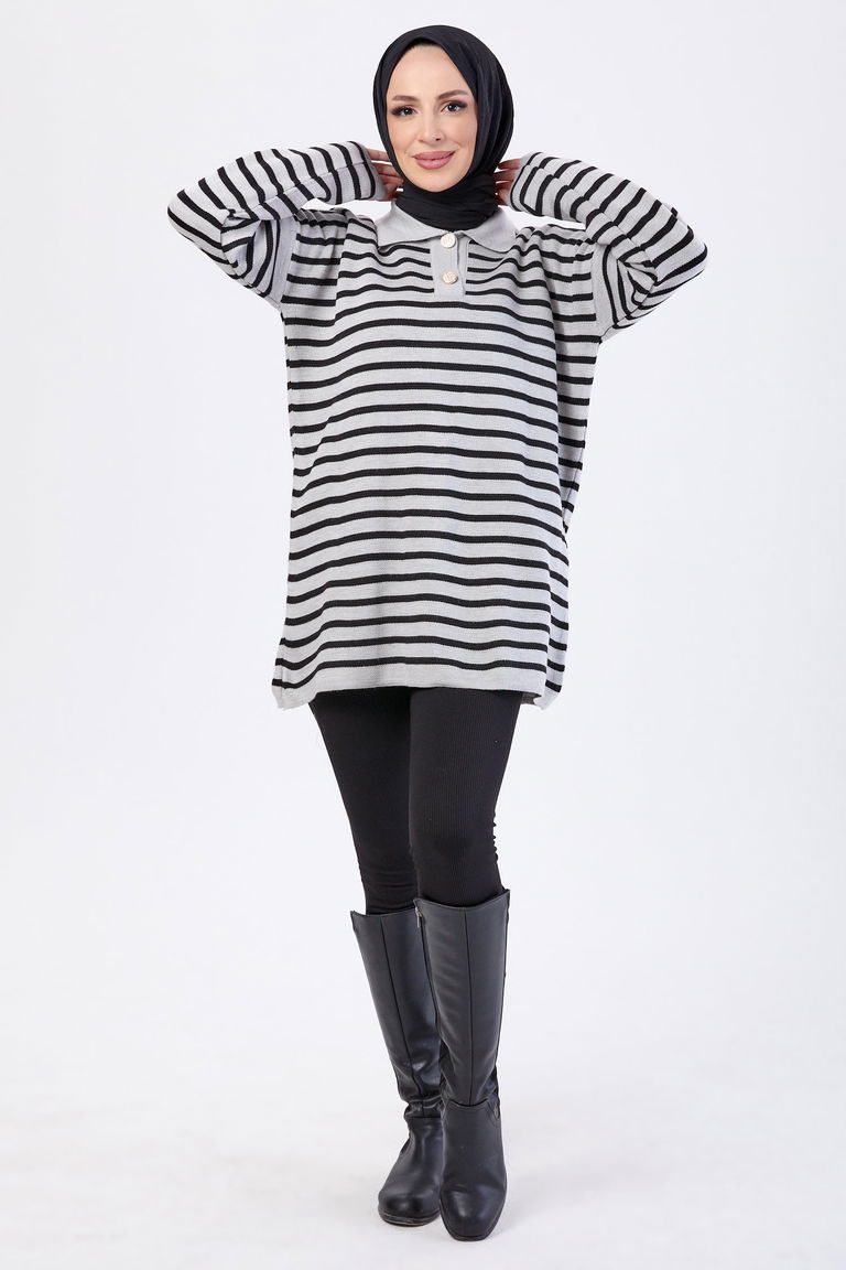Çizgili Düğmeli Triko Kazak - 27757-GRI - TOFİSA