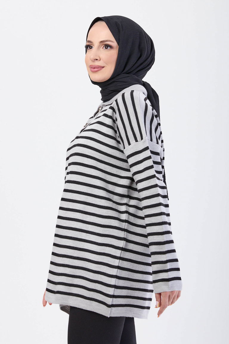 Çizgili Düğmeli Triko Kazak - 27757-GRI - TOFİSA