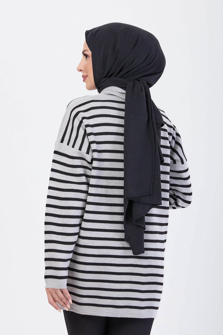 Çizgili Düğmeli Triko Kazak - 27757-GRI - TOFİSA