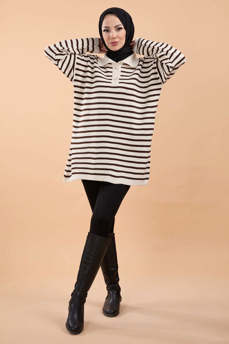 Çizgili Düğmeli Triko Kazak - 27757-KREM - TOFİSA