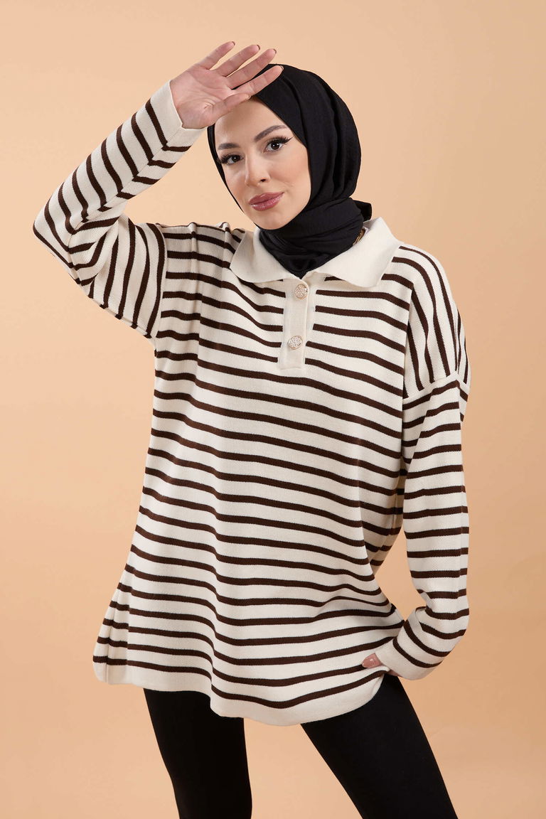 Çizgili Düğmeli Triko Kazak - 27757-KREM - TOFİSA