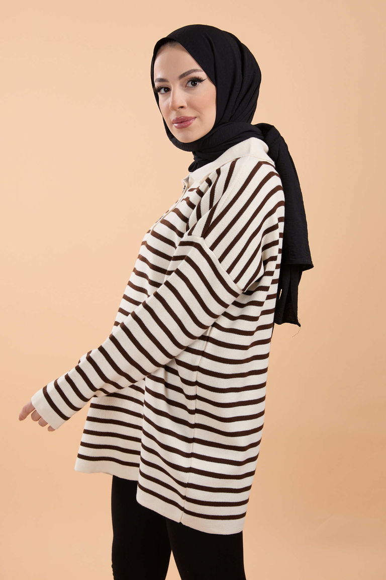 Çizgili Düğmeli Triko Kazak - 27757-KREM - TOFİSA