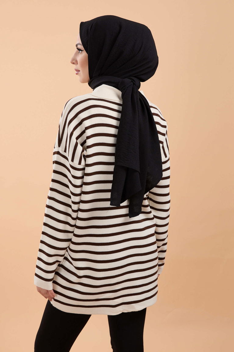 Çizgili Düğmeli Triko Kazak - 27757-KREM - TOFİSA