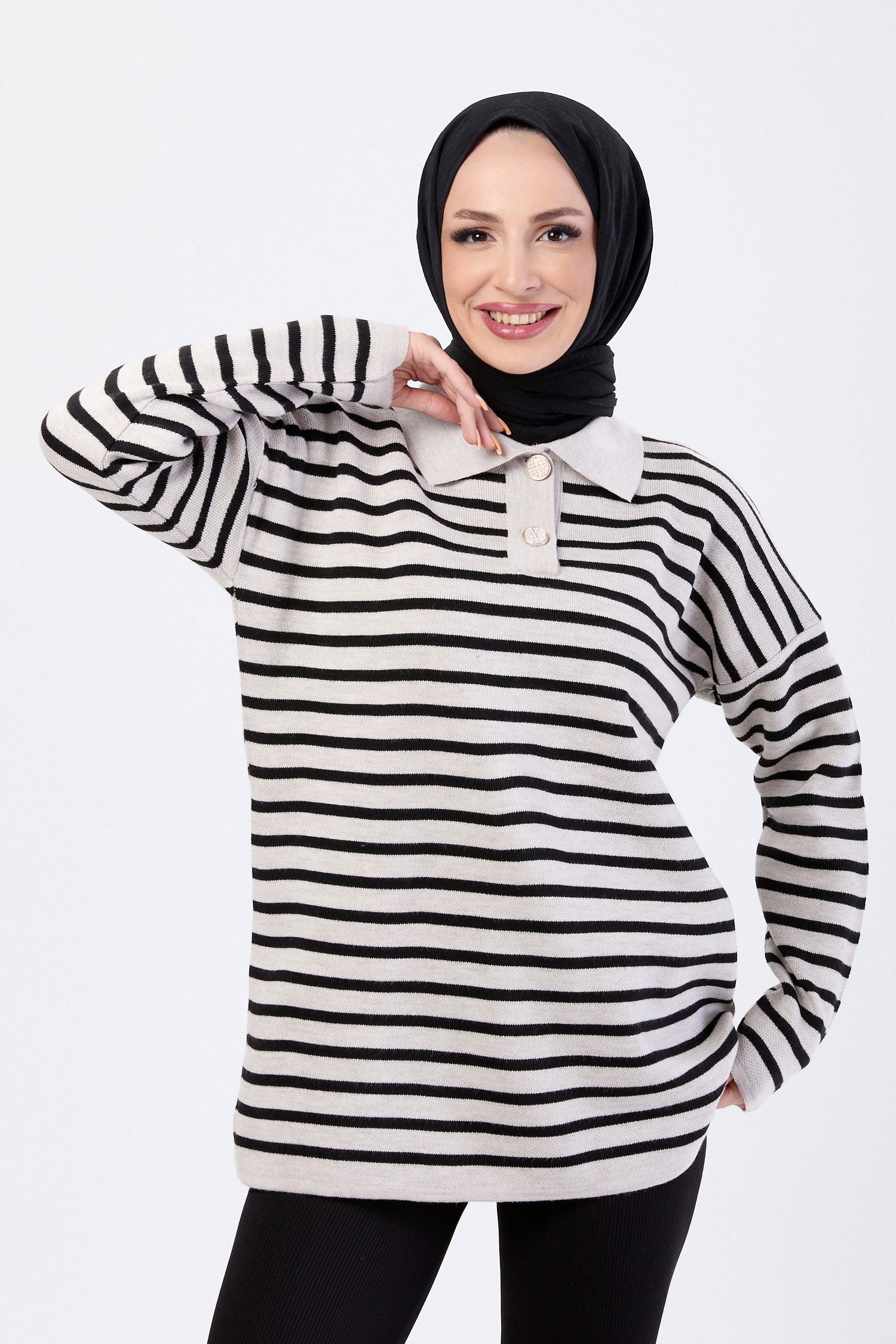 Çizgili Düğmeli Triko Kazak - 27757-TAS - 4