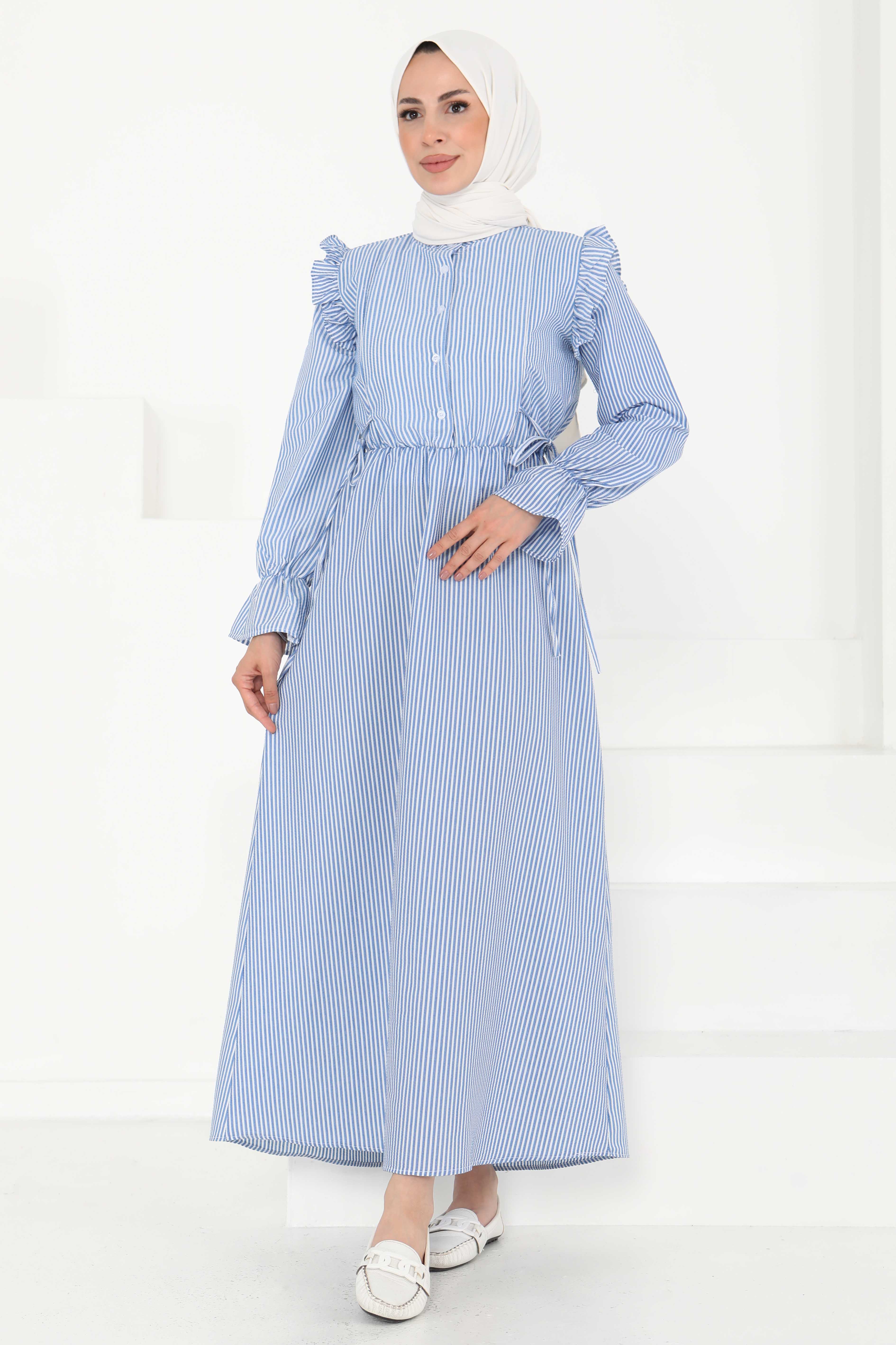 Çizgili Elbise Saks - 27187 - 1