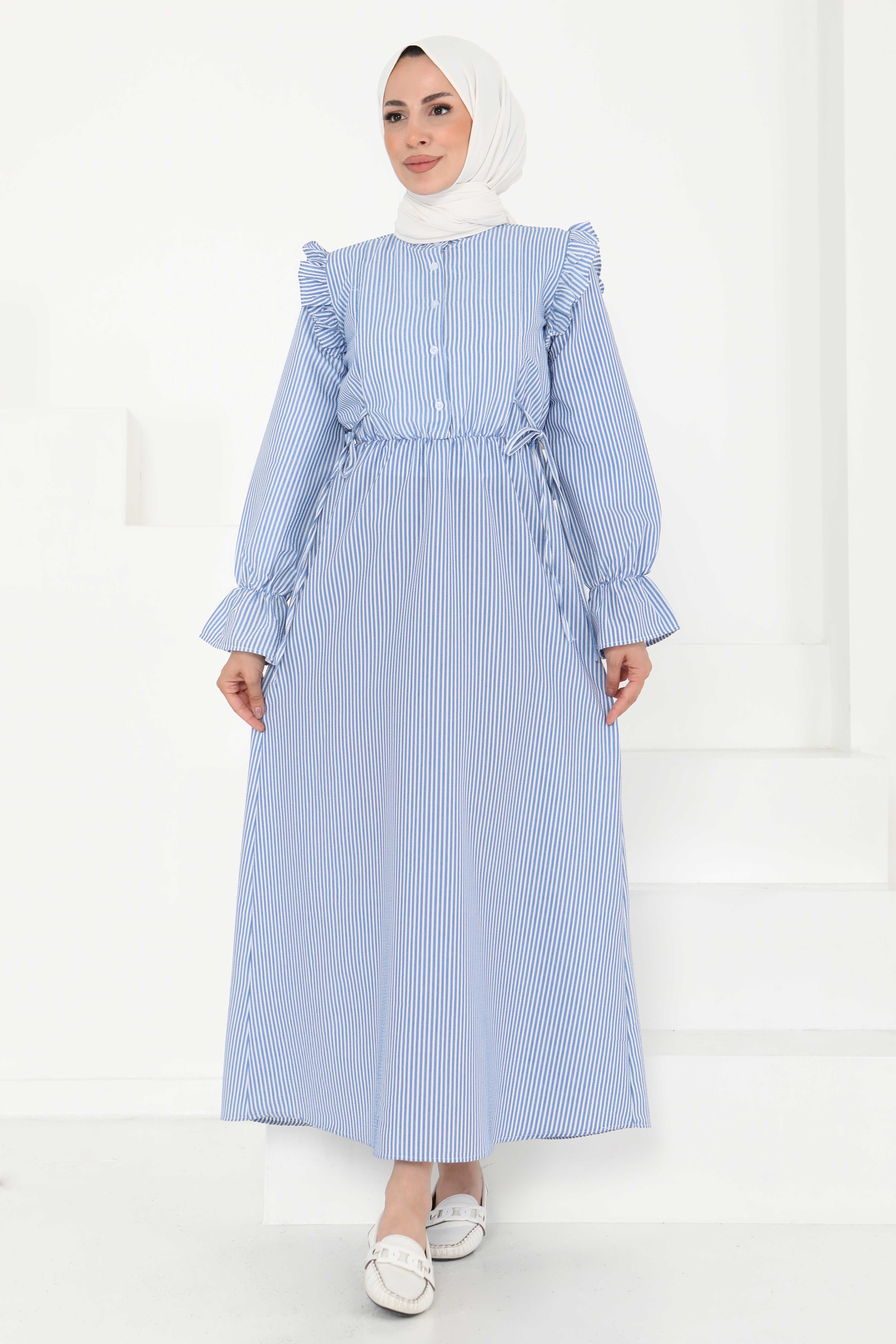 Çizgili Elbise Saks - 27187 - 3