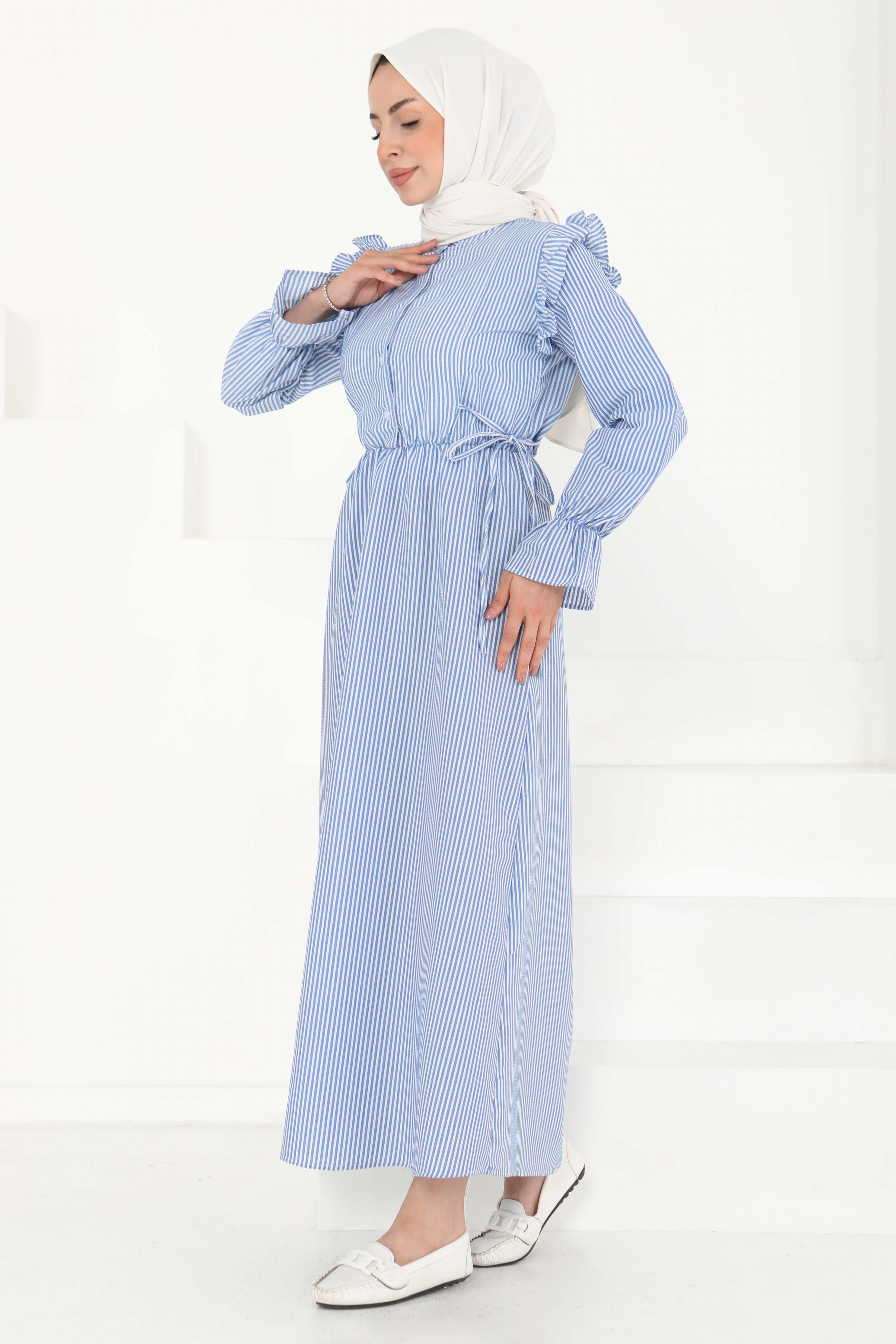 Çizgili Elbise Saks - 27187 - 4