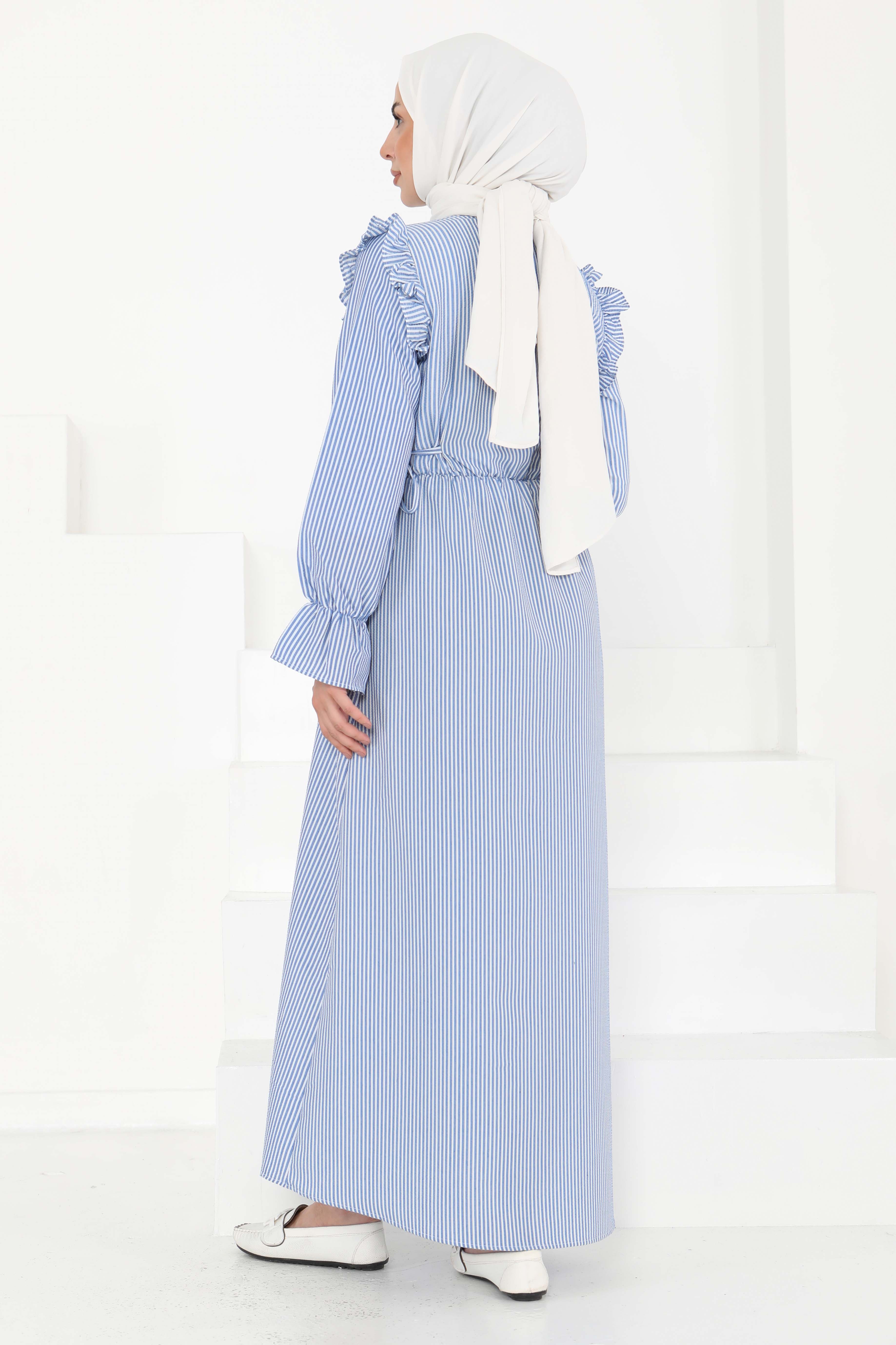 Çizgili Elbise Saks - 27187 - 6