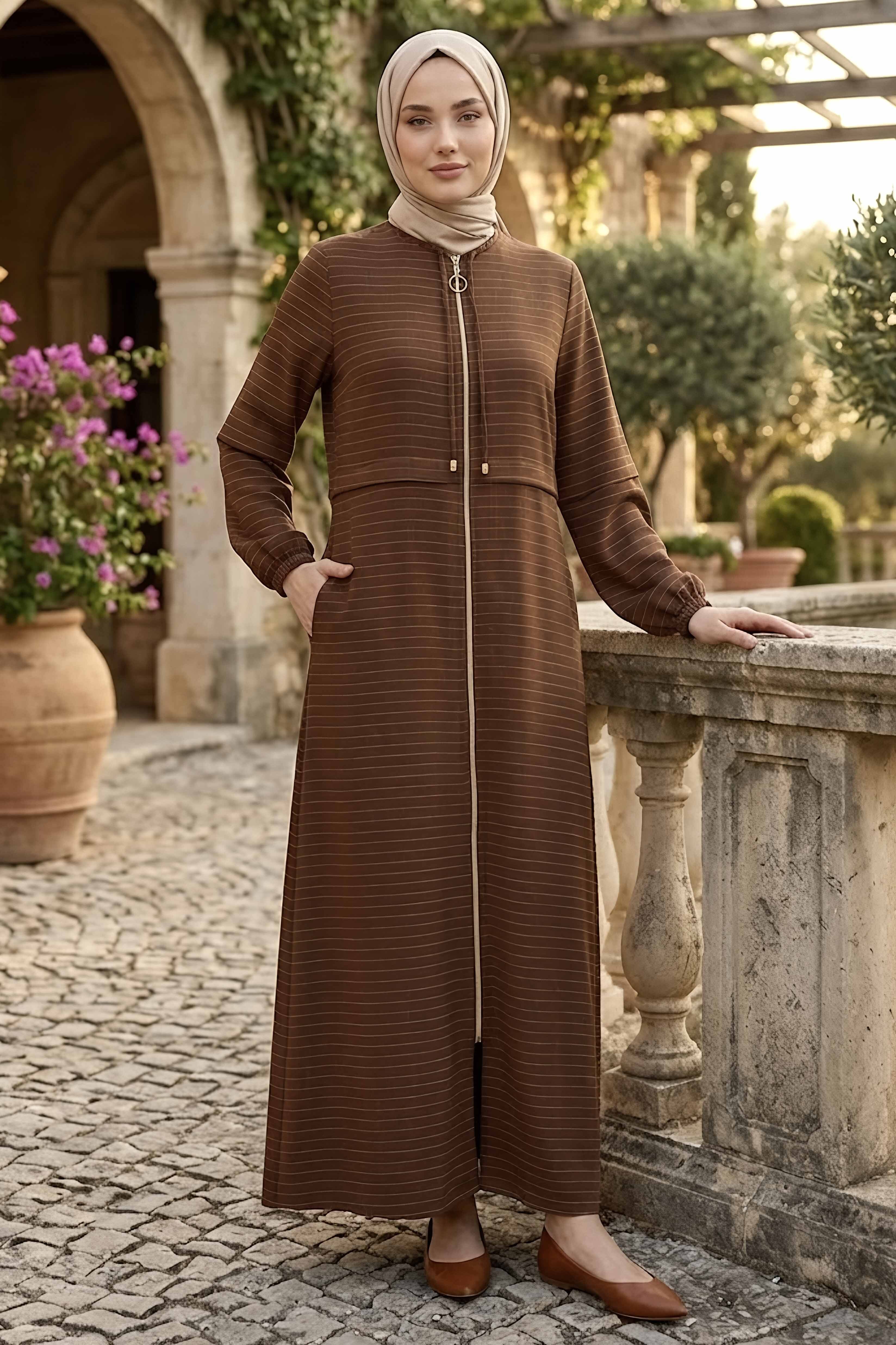Çizgili Ferace Kahve - 2142-KAHVE - 2