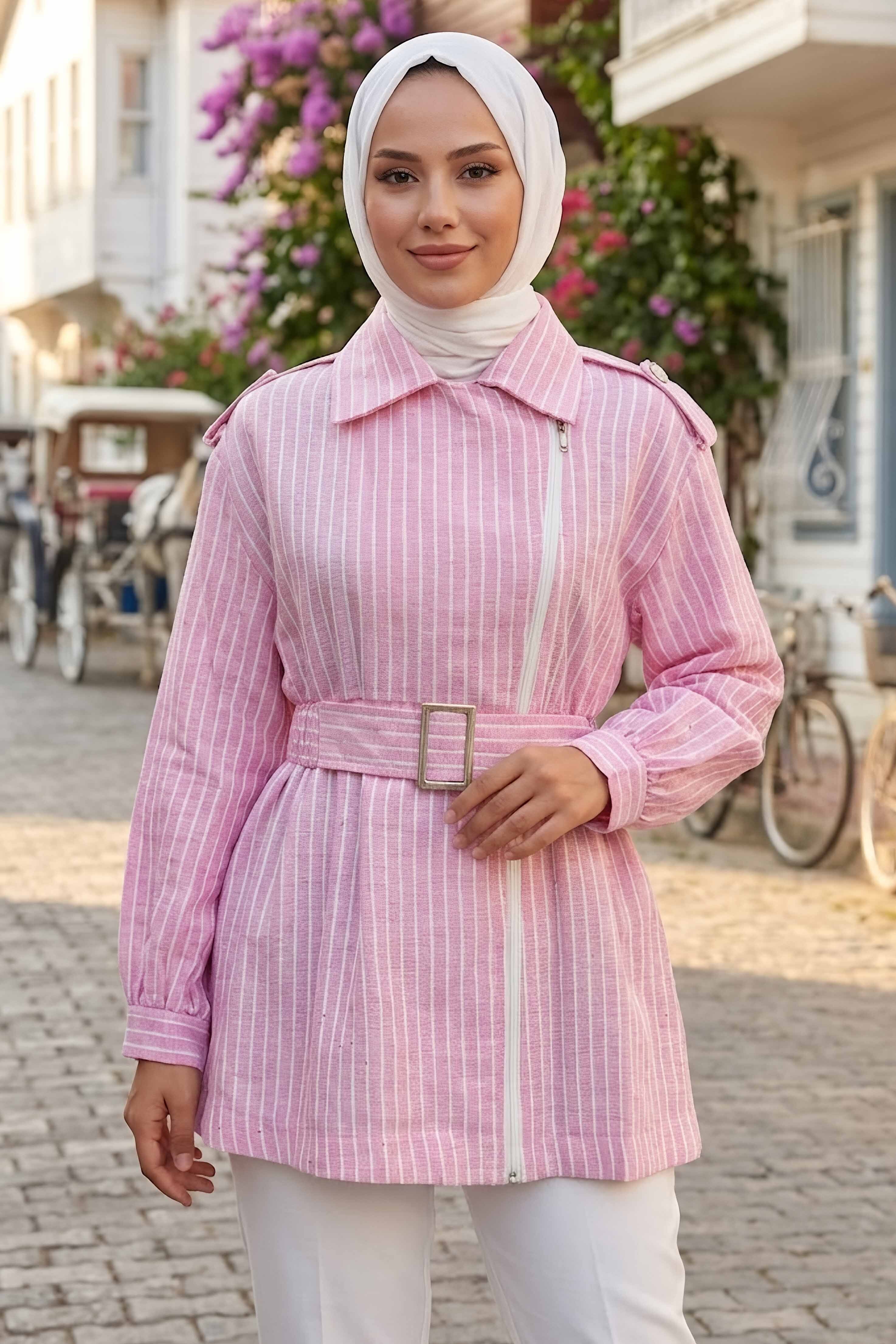Çizgili Fermuarlı Ceket Pembe - 28543-PEMBE - 1