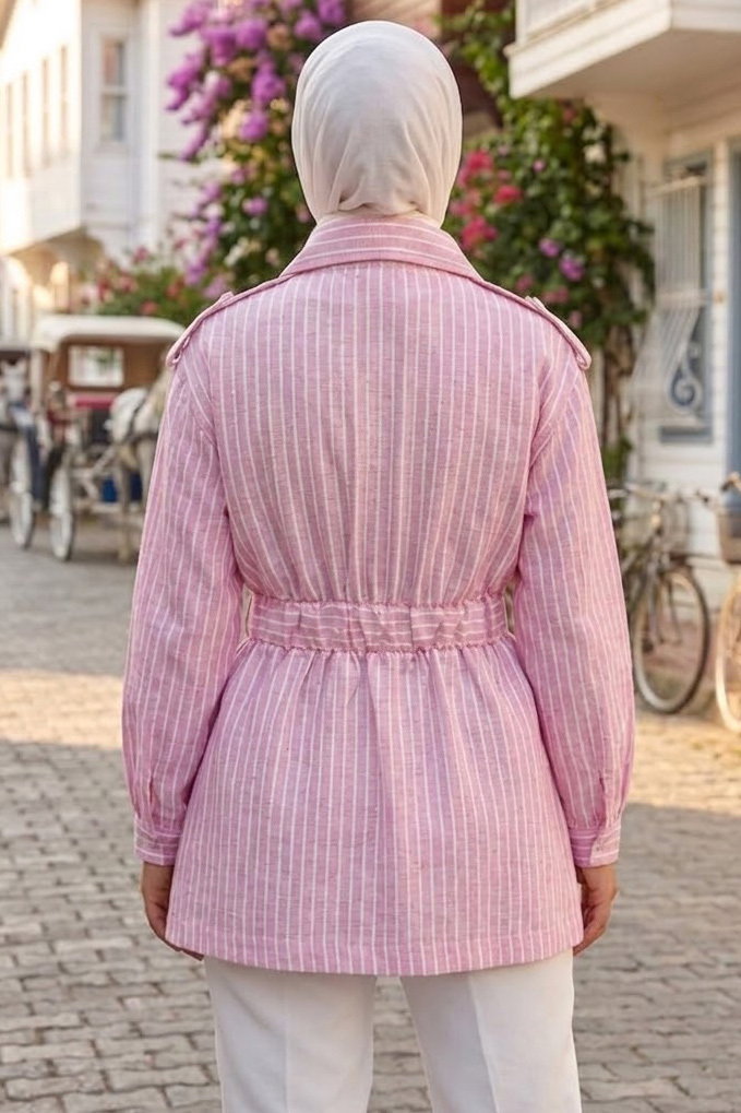 Çizgili Fermuarlı Ceket Pembe - 28543-PEMBE - 3