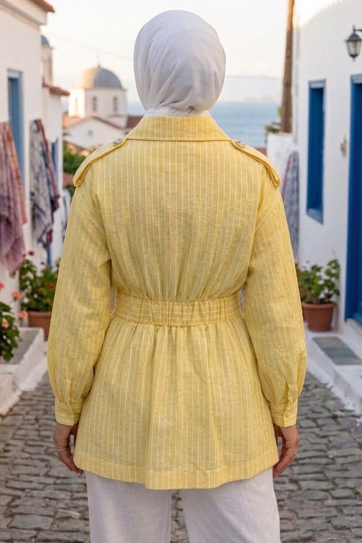 Çizgili Fermuarlı Ceket Sari - 28543-SARI - 4