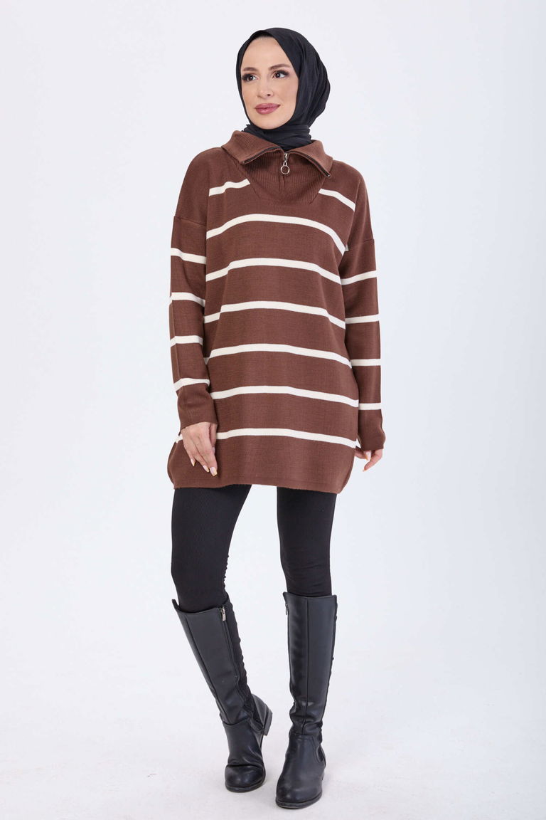 Çizgili Fermuarlı Triko Kazak - 27748-KAHVE - TOFİSA