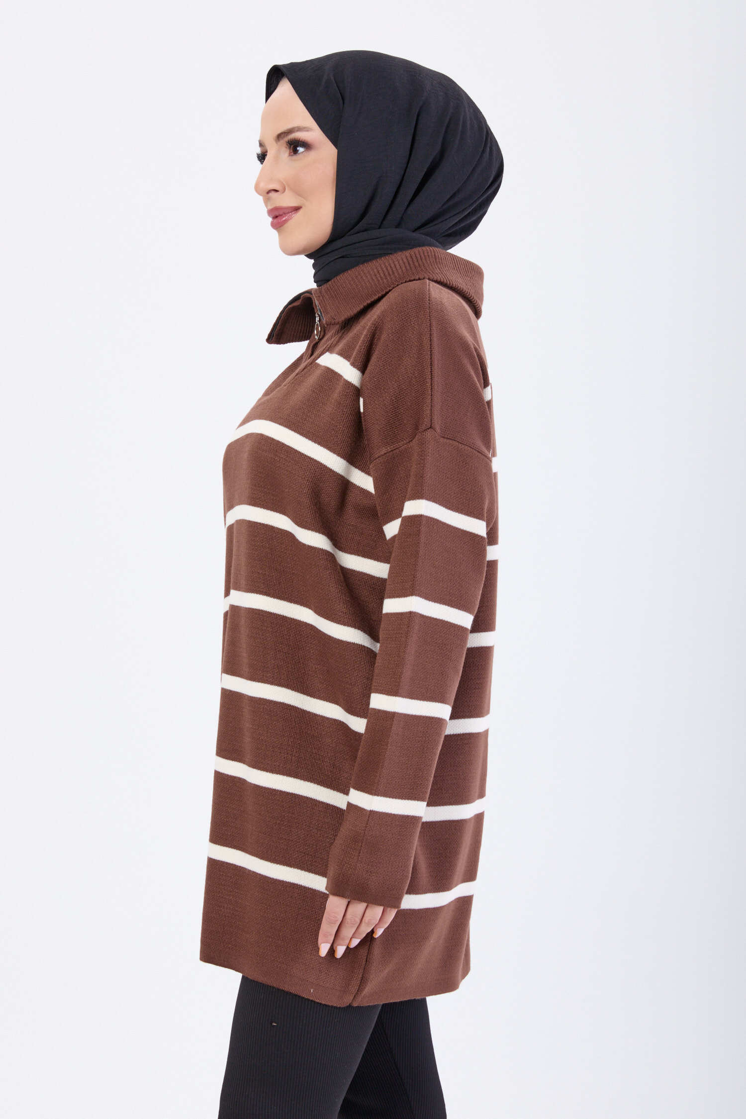 Çizgili Fermuarlı Triko Kazak - 27748-KAHVE - 3