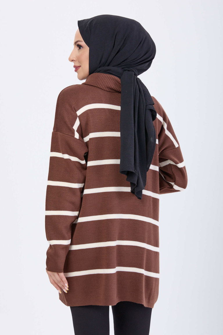 Çizgili Fermuarlı Triko Kazak - 27748-KAHVE - TOFİSA