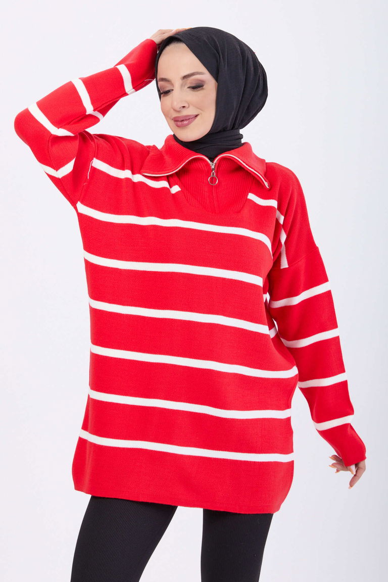 Çizgili Fermuarlı Triko Kazak - 27748-KIRMIZI - TOFİSA