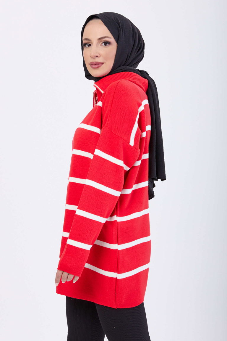 Çizgili Fermuarlı Triko Kazak - 27748-KIRMIZI - TOFİSA