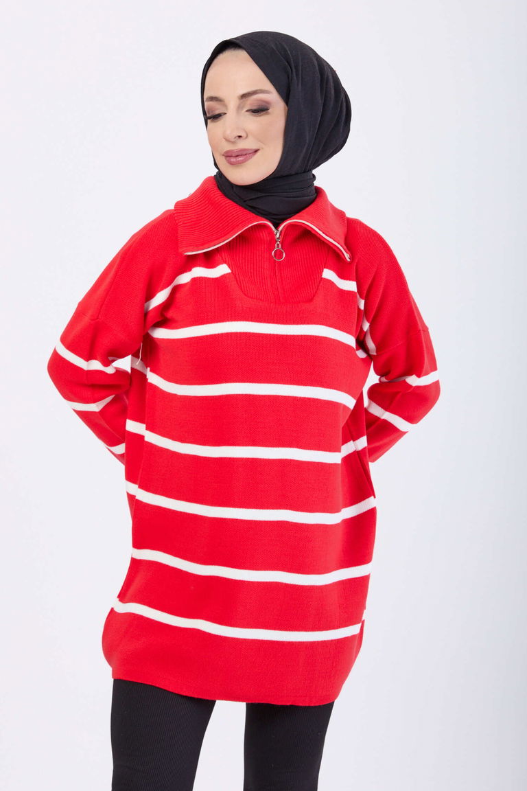 Çizgili Fermuarlı Triko Kazak - 27748-KIRMIZI - TOFİSA