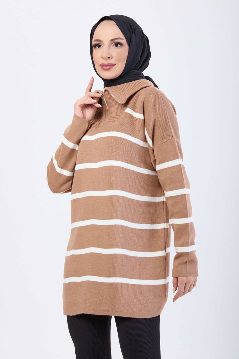 Çizgili Fermuarlı Triko Kazak - 27748-VIZON - TOFİSA