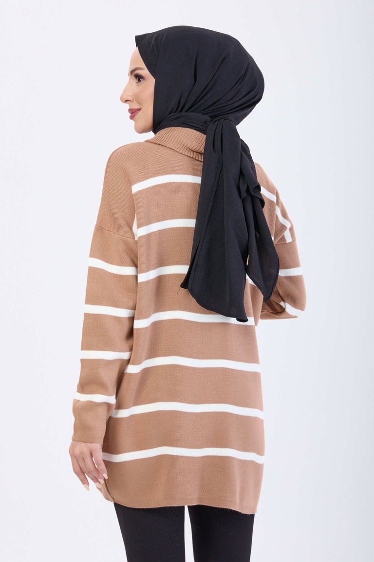 Çizgili Fermuarlı Triko Kazak - 27748-VIZON - TOFİSA