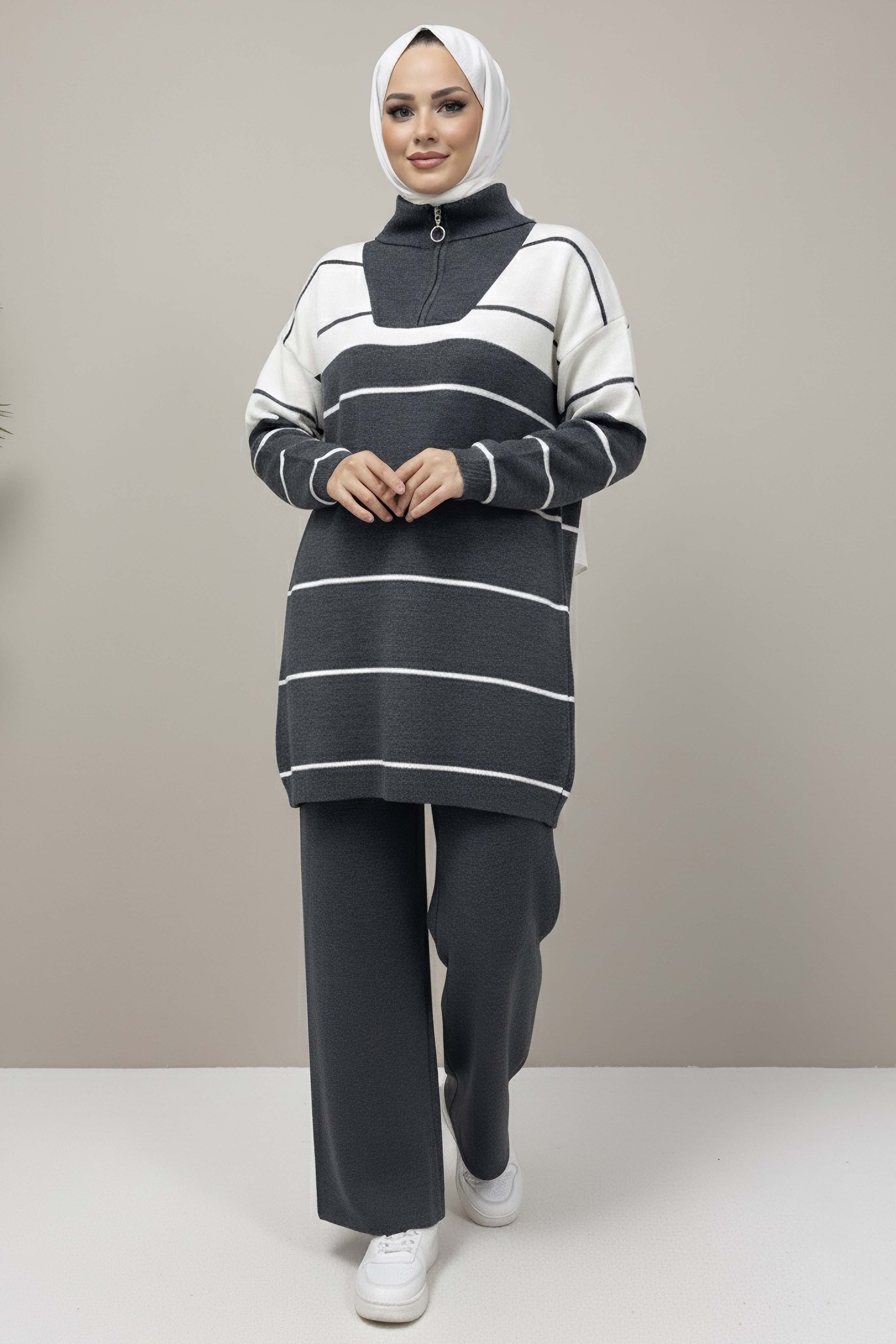 Çizgili Fermuarlı Triko Takım - 27997-ANTRASIT - 2