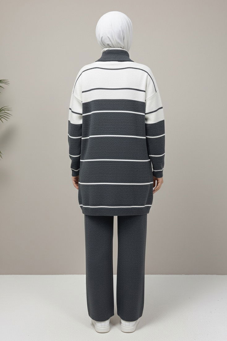 Çizgili Fermuarlı Triko Takım - 27997-ANTRASIT - TOFİSA