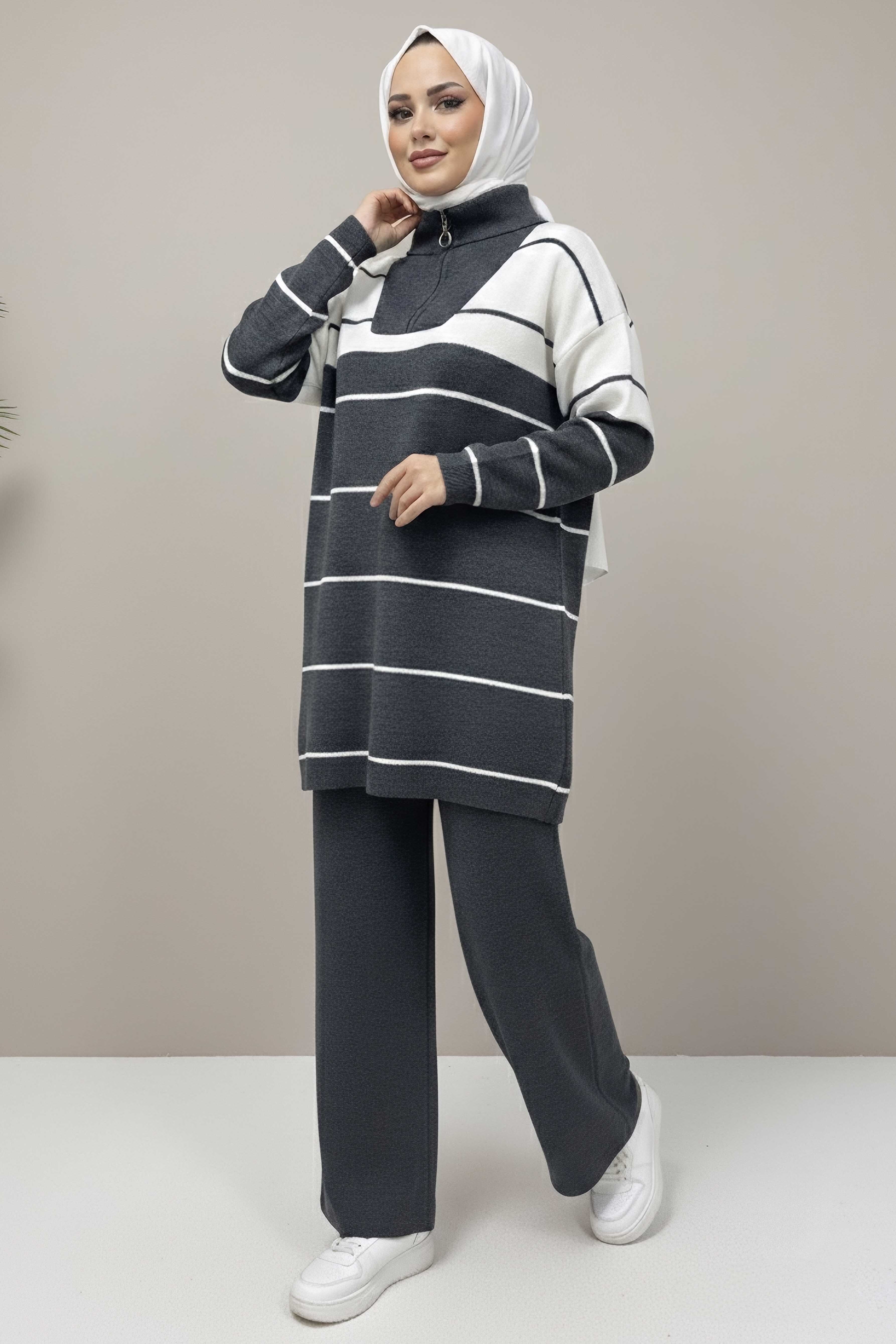 Çizgili Fermuarlı Triko Takım - 27997-ANTRASIT - 1